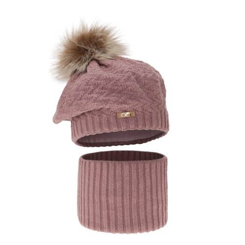 Dívčí zimní  čepice a nákrčník starorůžové barvy- Atene