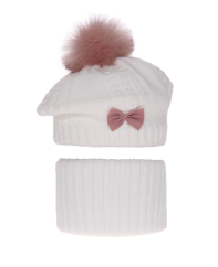 Dívčí zimní čepice a nákrčník Amora bílá s růžovou bambulkou