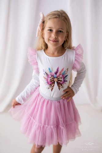 Dívčí blůzka s barevnou mašlí a volánkovými rukávy