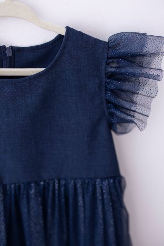 Dívčí modré slavnostní šaty s třpytivou sukní a volánkovými rukávky Lily Grey