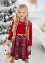 Elegantní dětské šaty s károvaným vzorem a zlatou mašlí
