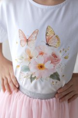 Bílé dívčí tričko s květinovým potiskem a motýly