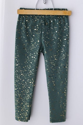 Stylové legíny v tmavě zelené barvě se zlatým potiskem