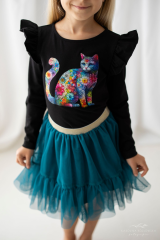 Dívčí petrolejová tutu sukně Lily Grey se zlatou gumou v pase, kombinovaná s černým tričkem s barevným potiskem kočky